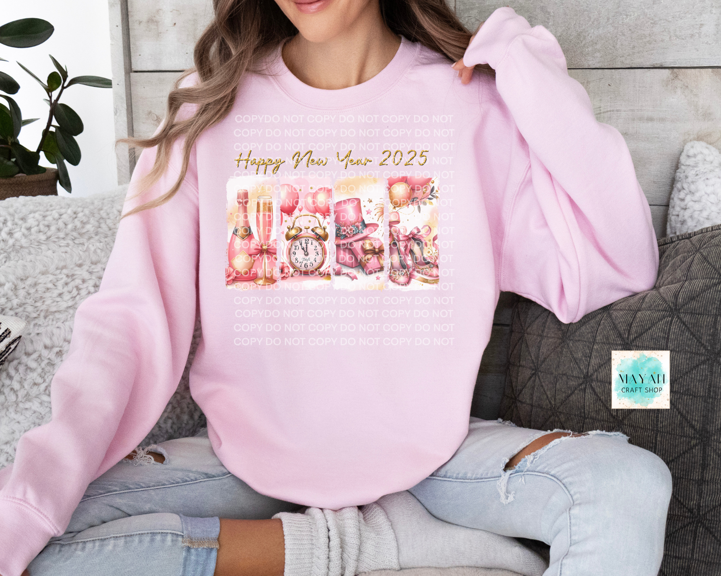 Happy new years 2025 pink sweatshirt. -Mayan Craft Shop