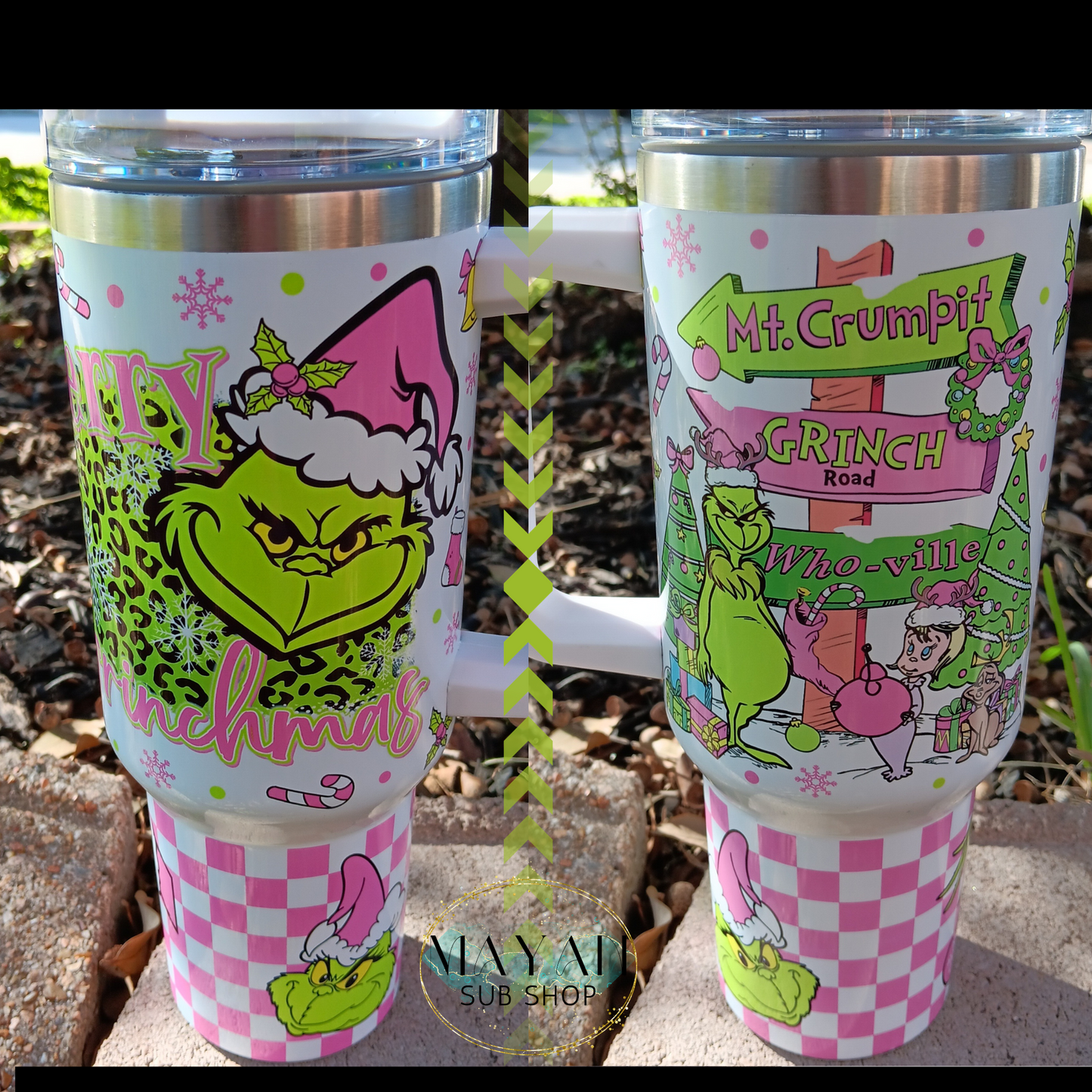 Pink And Green Meany 40 oz. Tumbler with Handle - Mayan Sub Shop