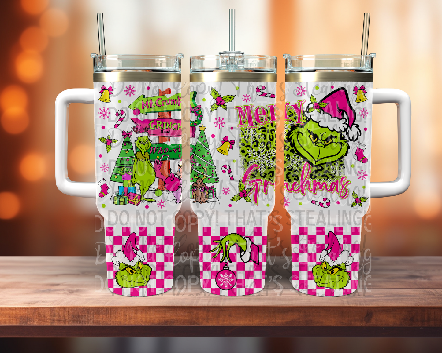 Pink and green meany 40 oz. tumbler with handle. -Mayan Sub Shop