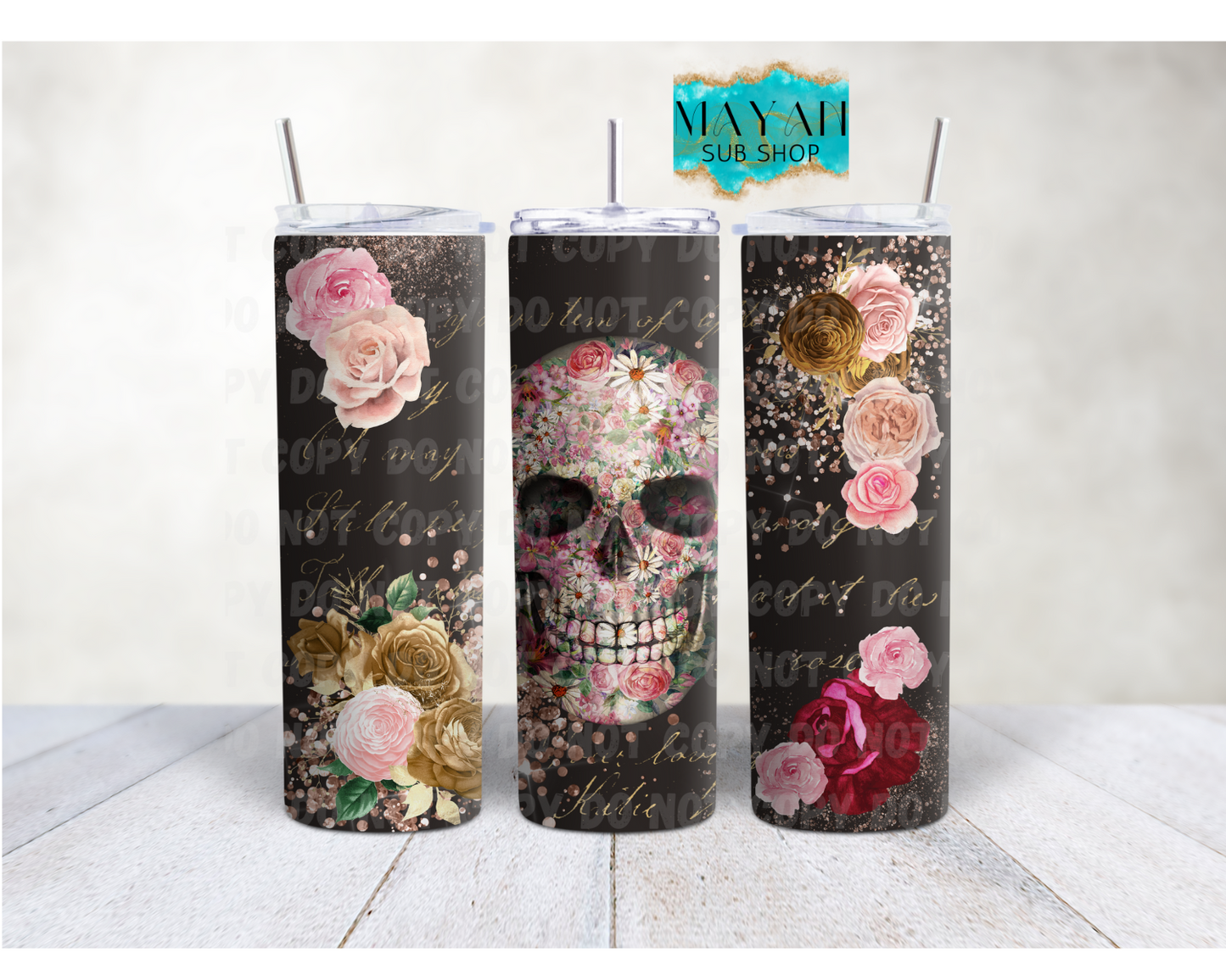 Pink Floral Sugar Skull 20 oz. skinny tumbler. -Mayan Sub Shop