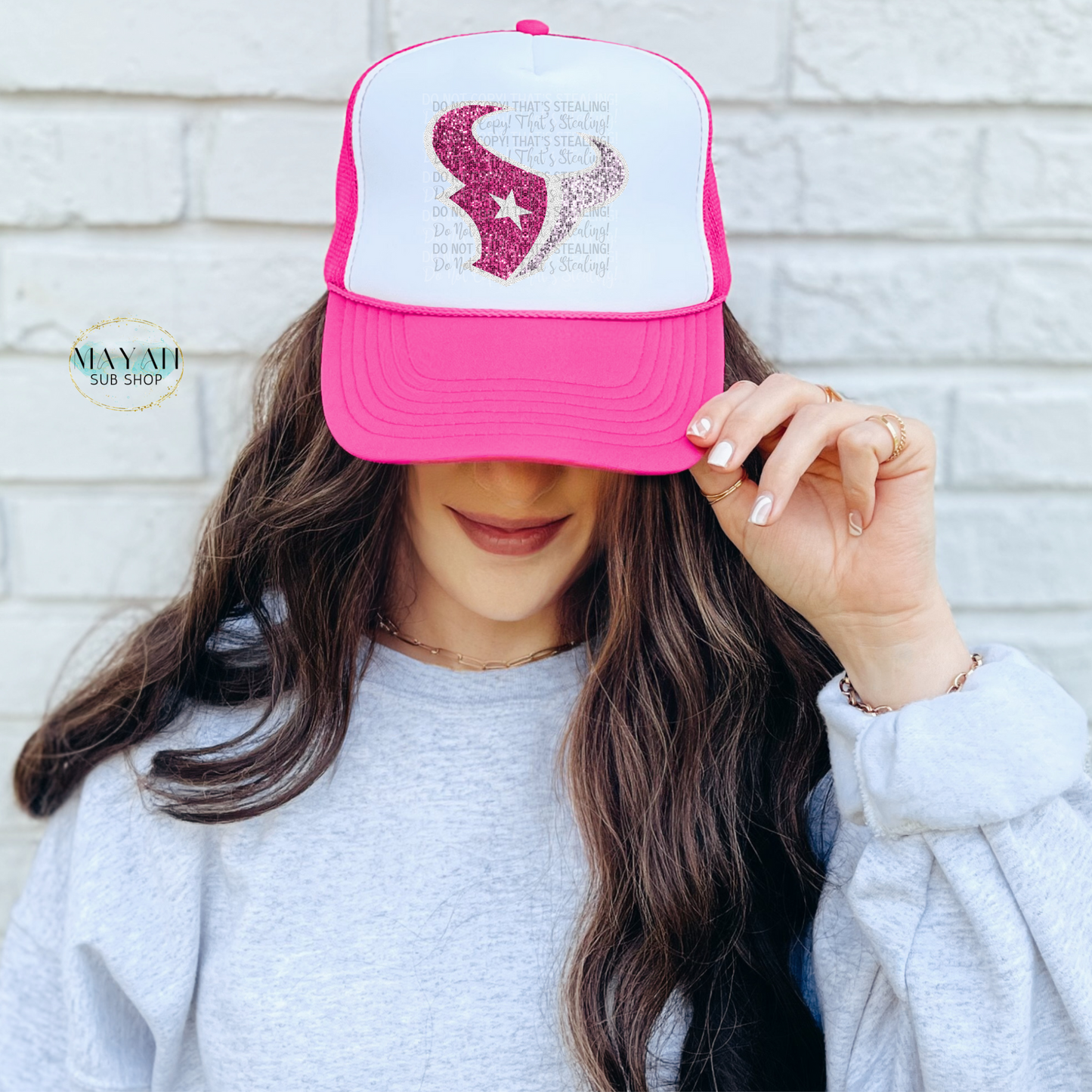 Houston football pink glitter pink trucker hat. -Mayan Sub Shop