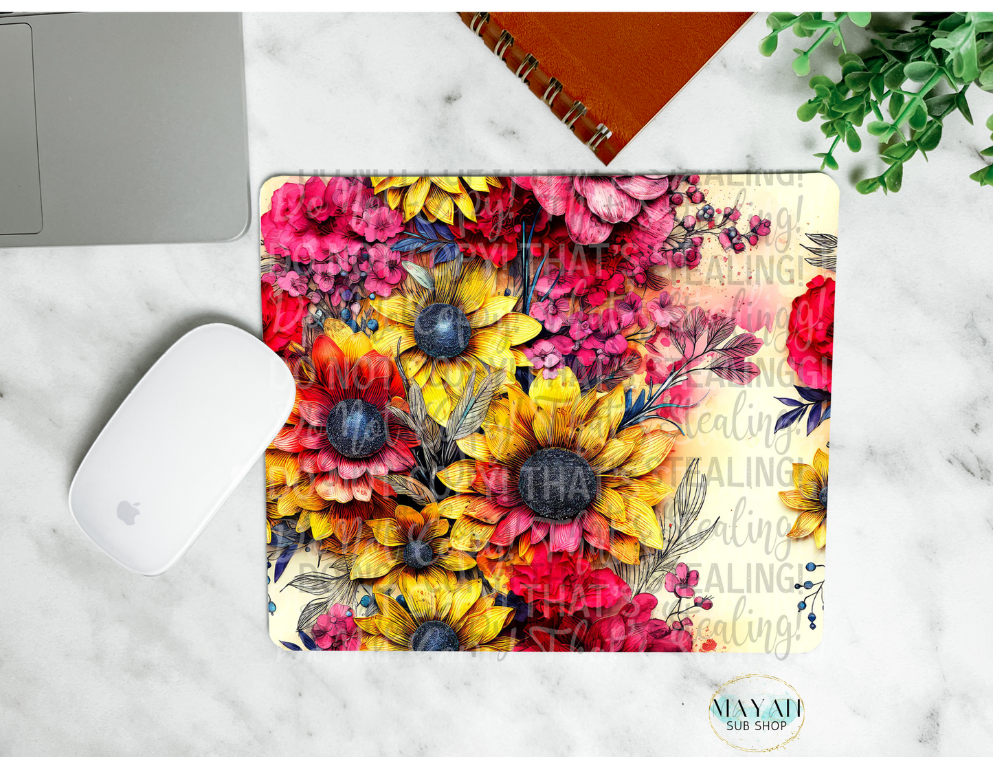 Pink sunflowers mouse pad. -Mayan Sub Shop