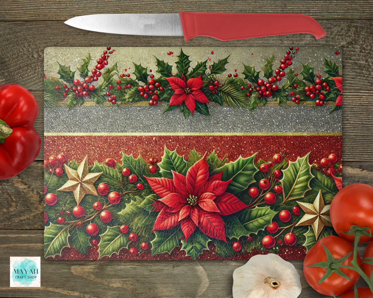 Poinsettia cutting board. -Mayan Craft Shop