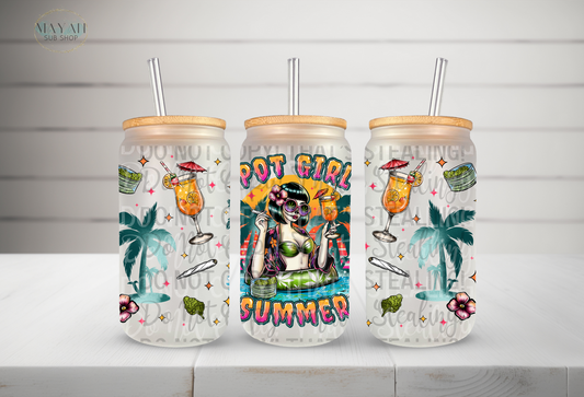 Pot girl summer frosted glass can. -Mayan Sub Shop