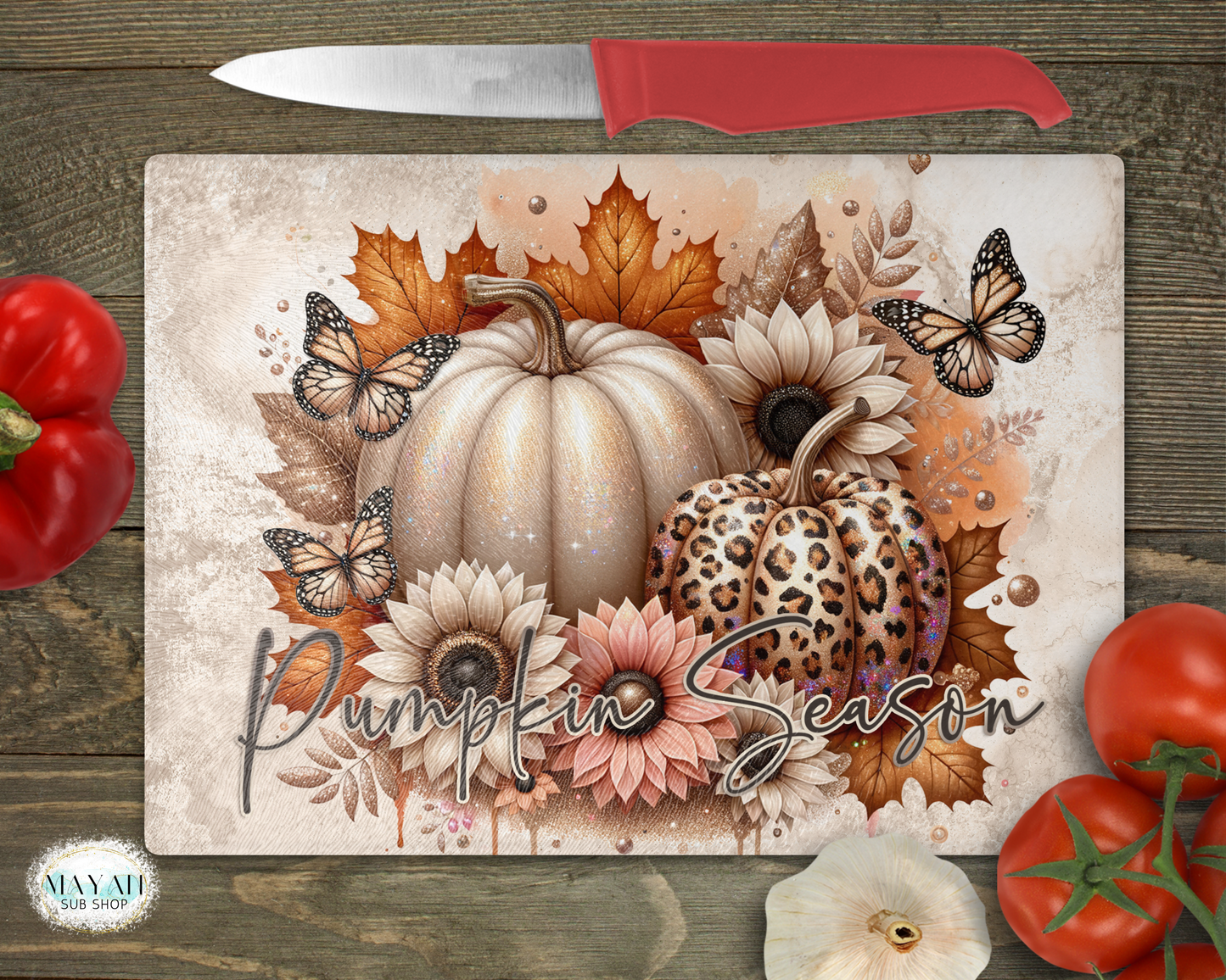 Pumpkin season cutting board. -Mayan Sub Shop