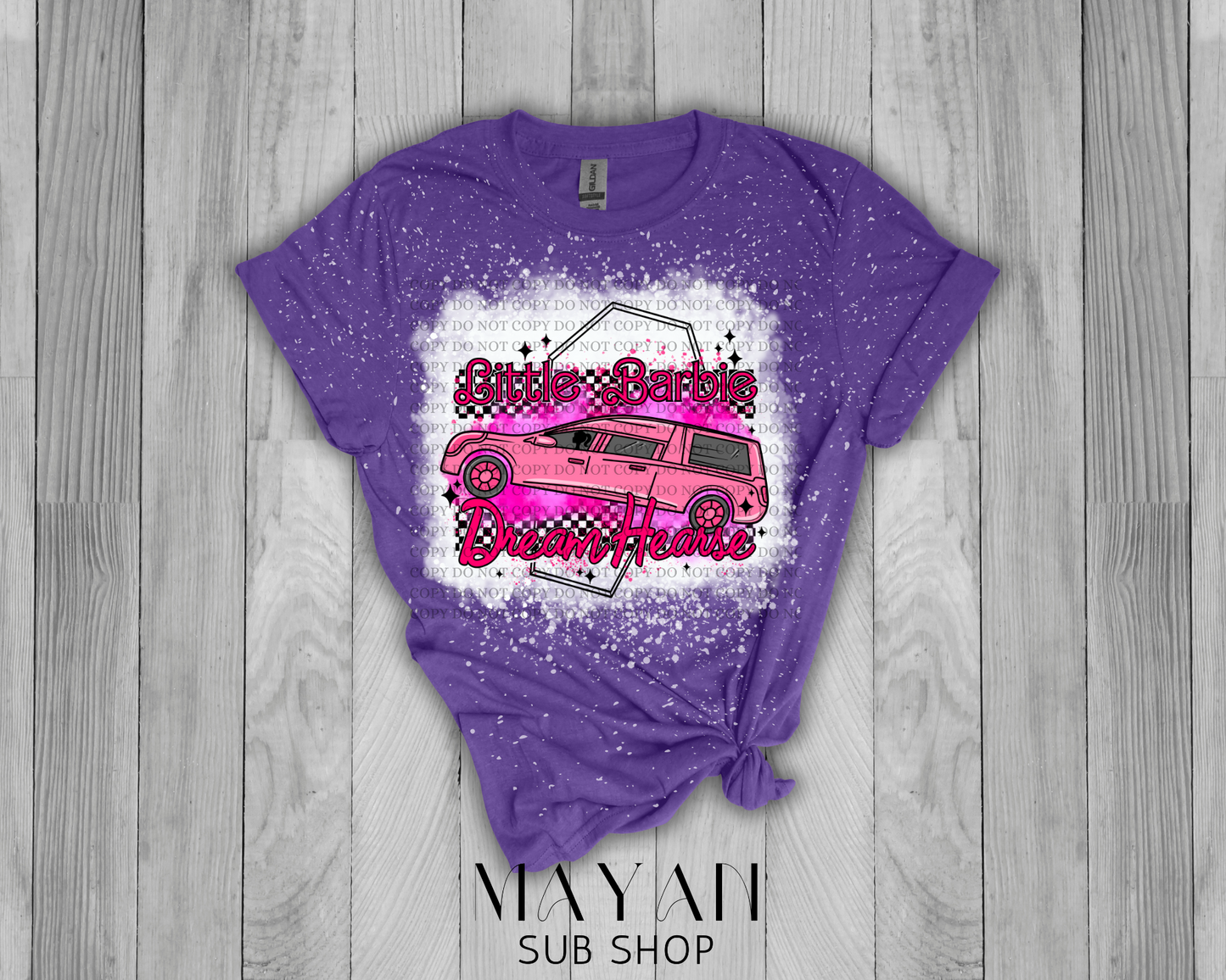 Little dream hearse heather purple bleached shirt. - Mayan Sub Shop