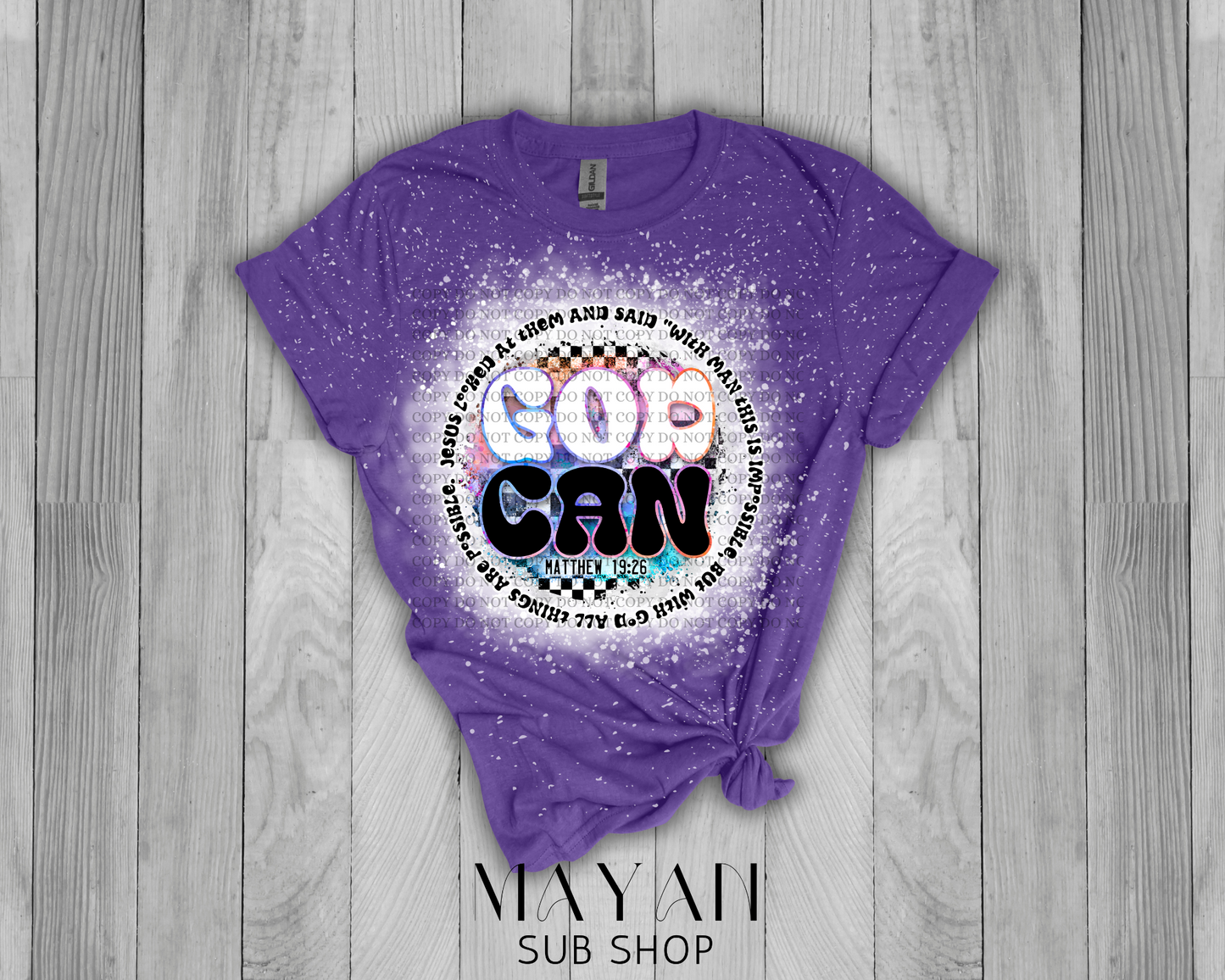 God can in heather purple bleached shirt. - Mayan Sub Shop