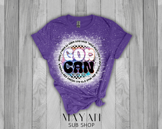 God can in heather purple bleached shirt. - Mayan Sub Shop