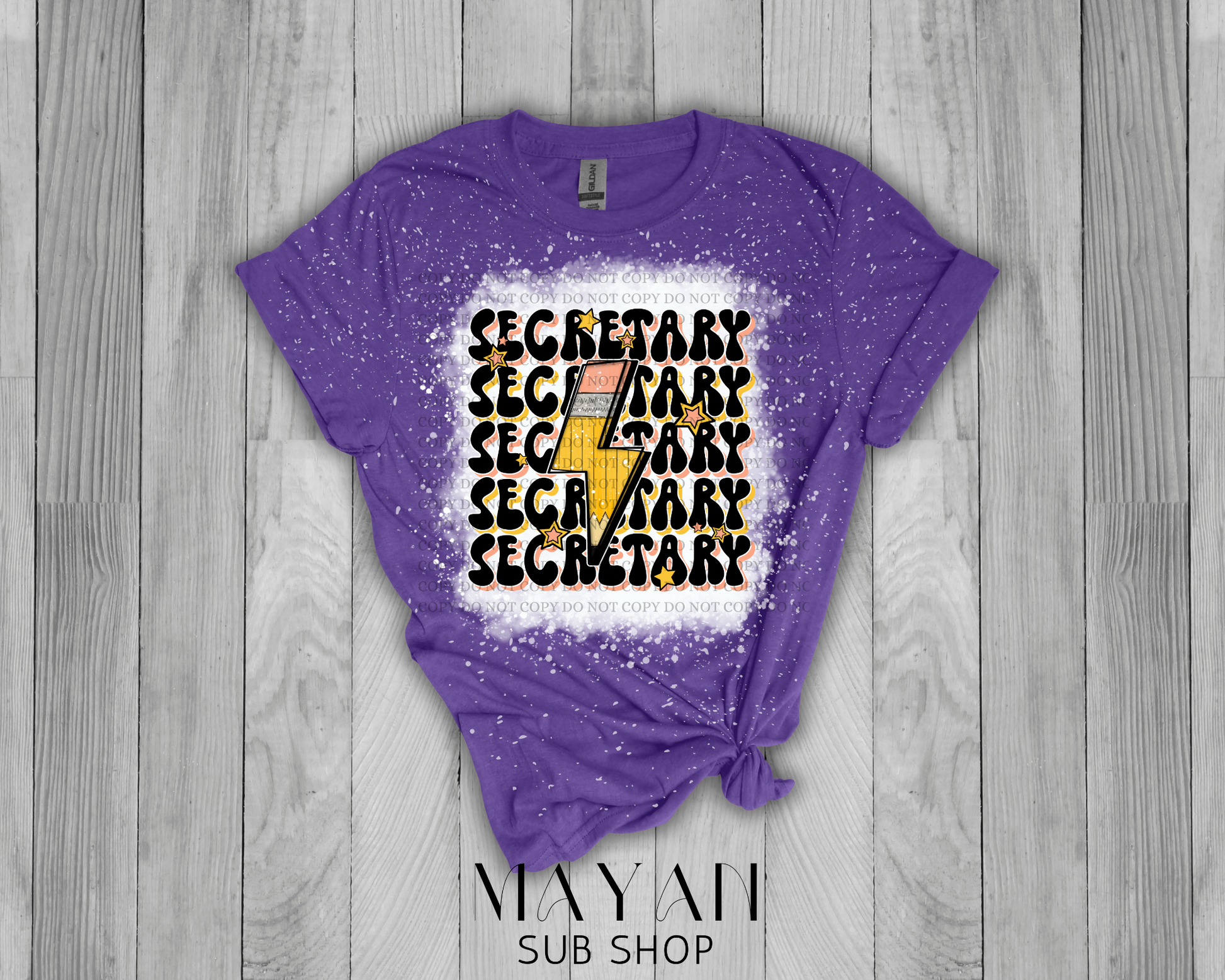 Secretary retro in heather purple bleached shirt. - Mayan Sub Shop