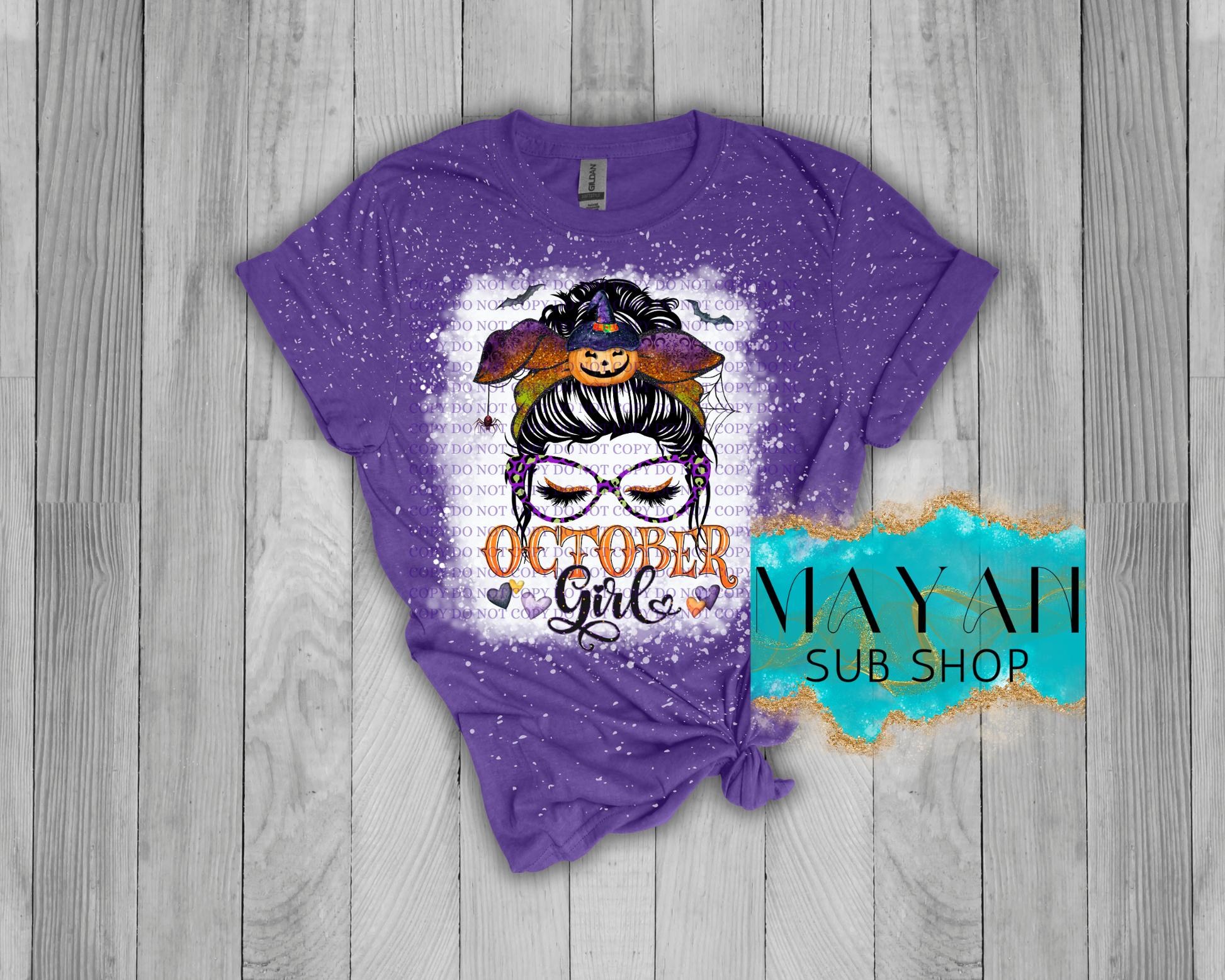 October girl messy bun in heather purple bleached shirt. -Mayan Sub Shop