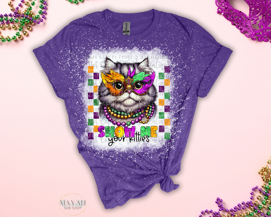 Show me your kitties in heather purple bleached shirt. -Mayan Sub Shop