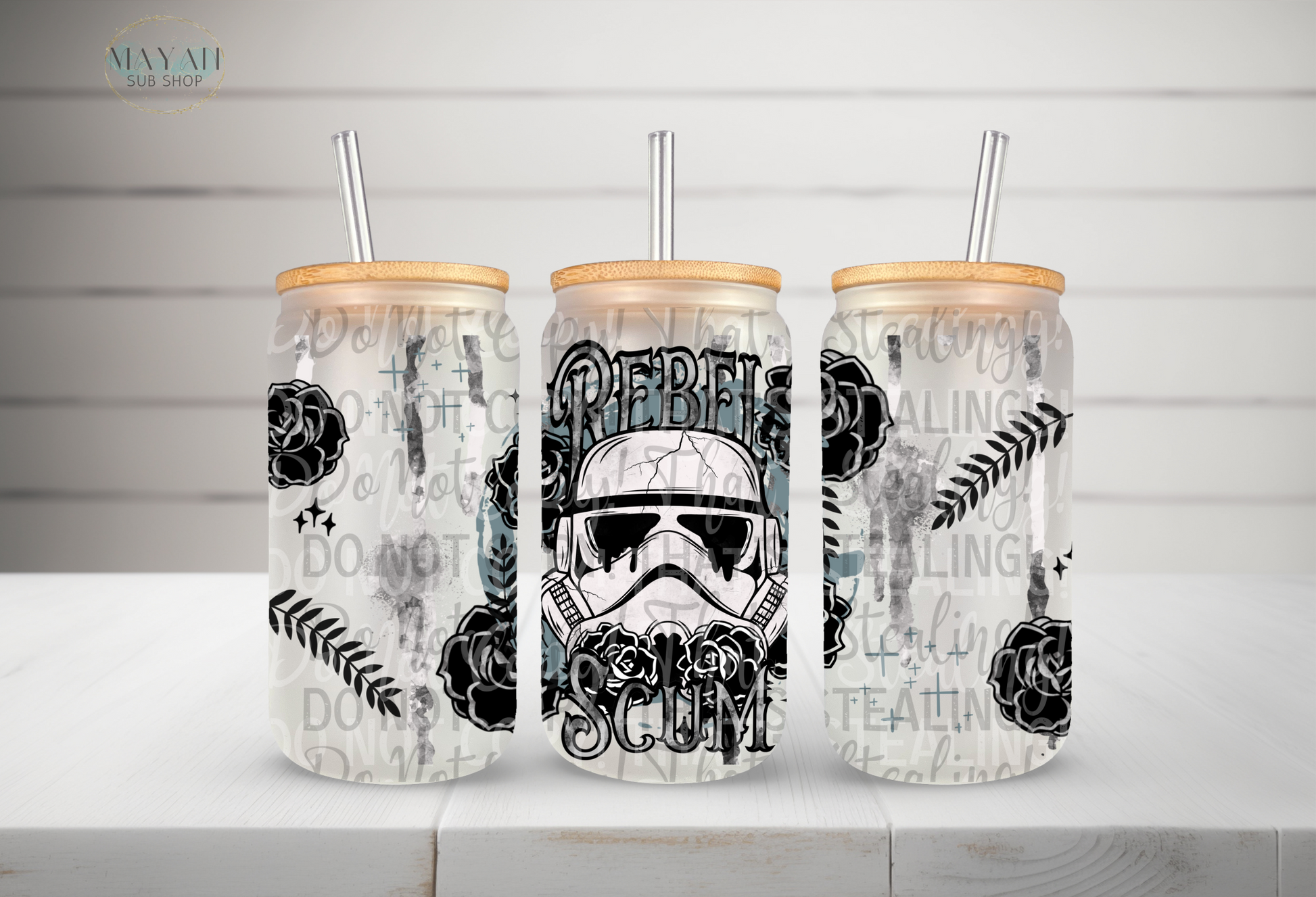 Rebel scum 18 oz. frosted glass can. -Mayan Sub Shop