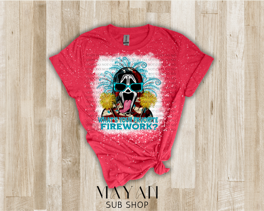 Heather red bleached shirt with classic Halloween villain with fireworks.