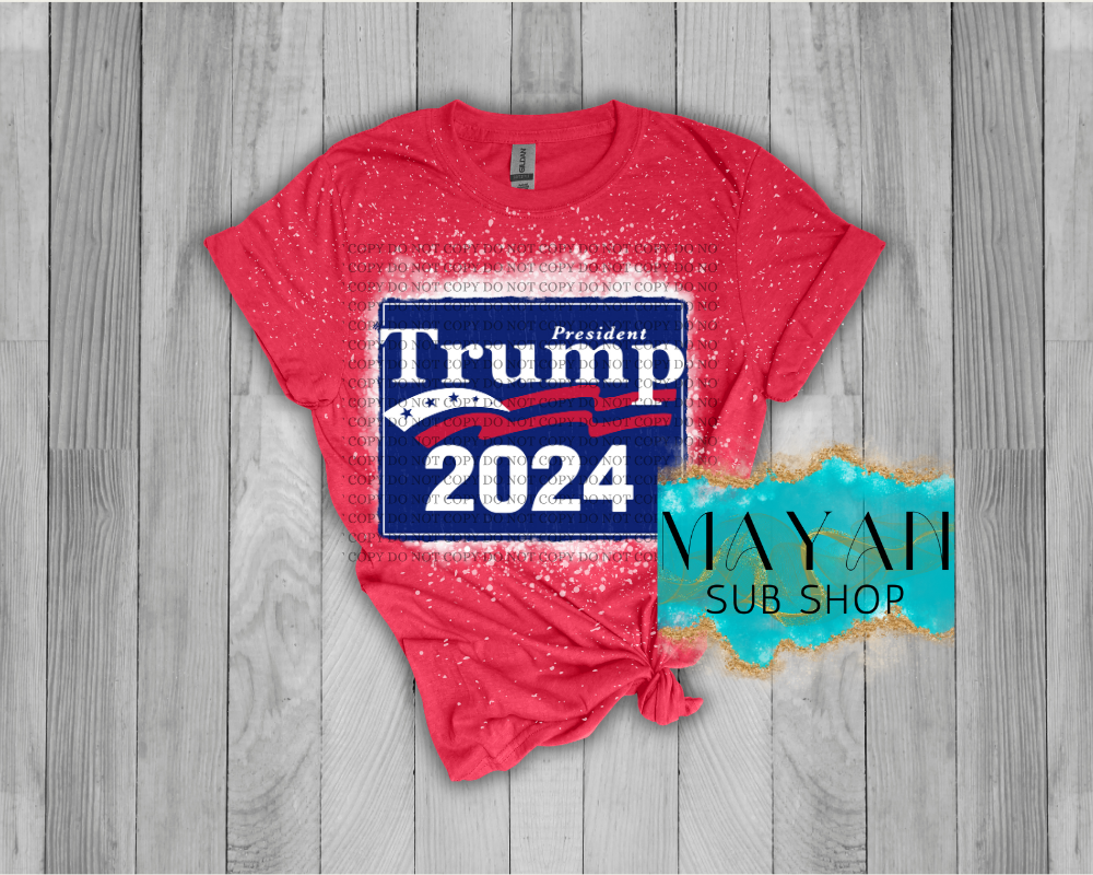 Trump 2024 blue in heather red bleached shirt. -Mayan Sub Shop