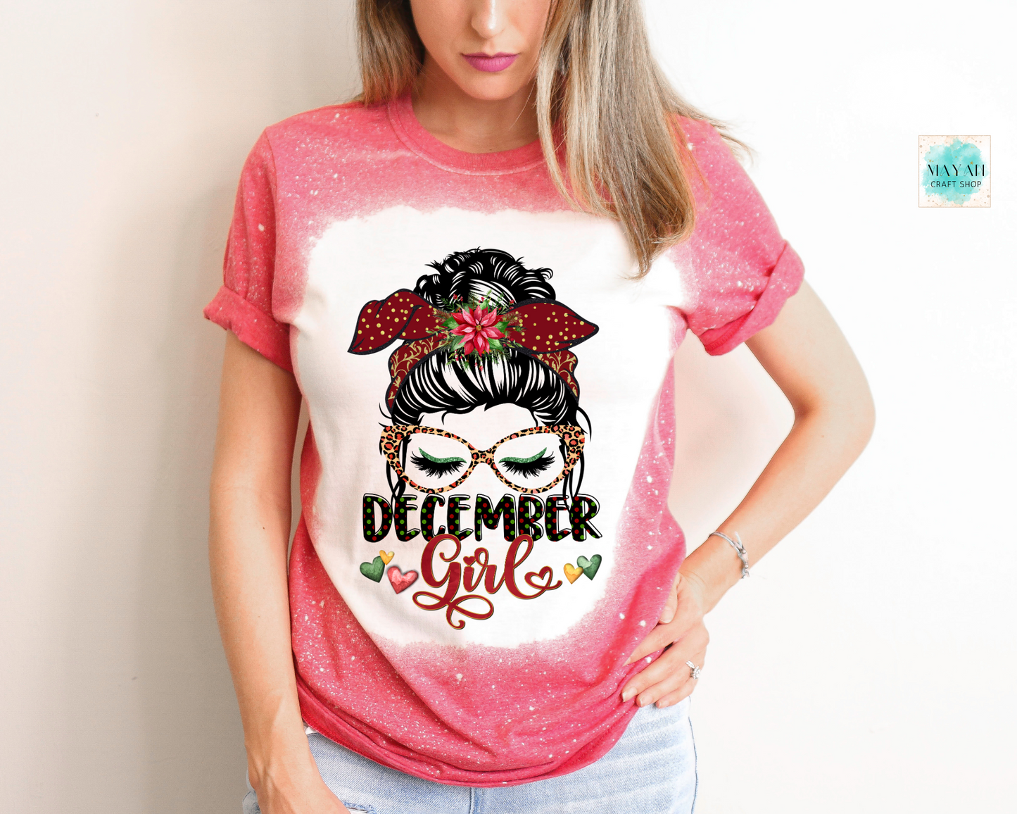 December girl heather red bleached tee. -Mayan Craft Shop