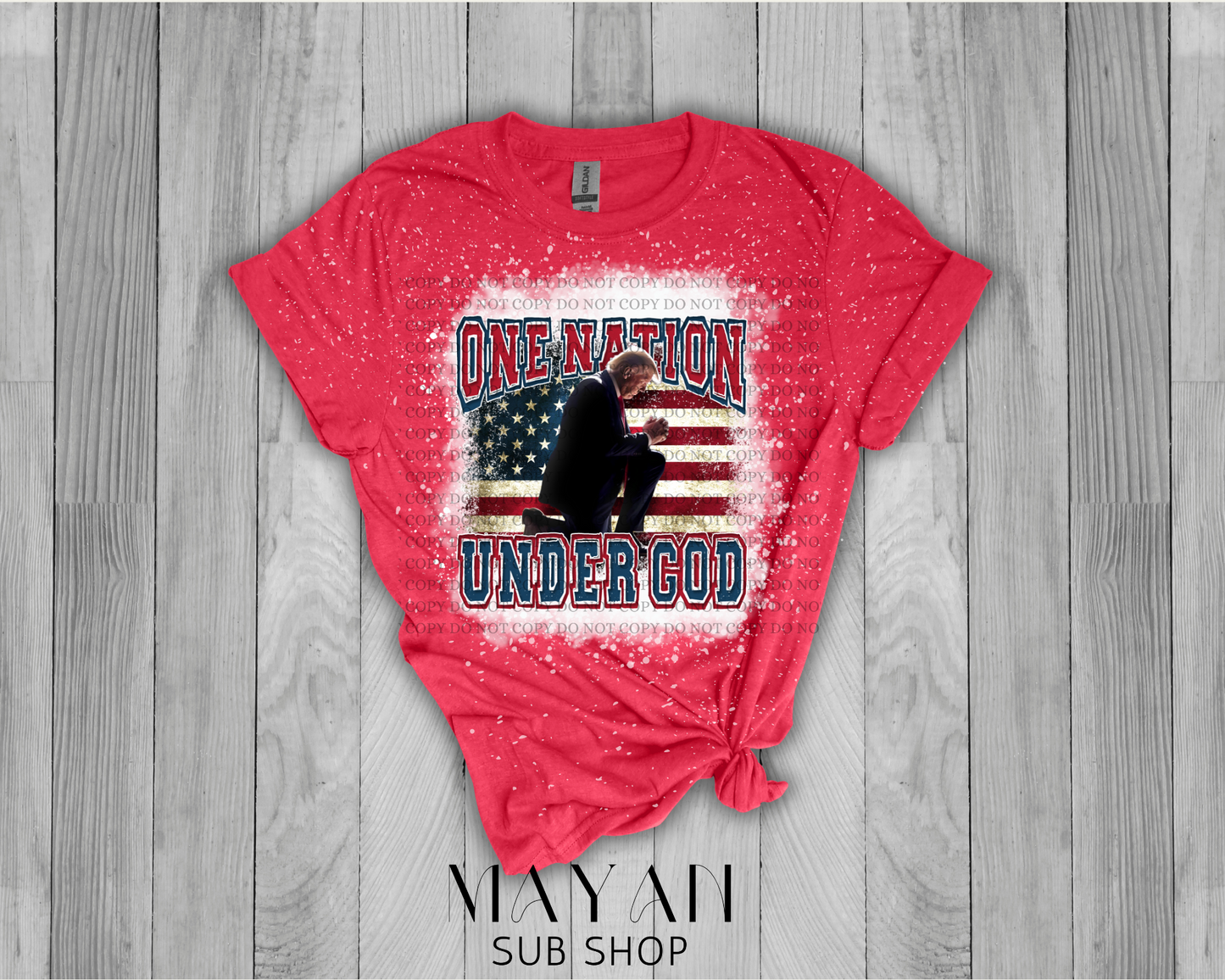 One nation under God in heather red bleached shirt. - Mayan Sub Shop