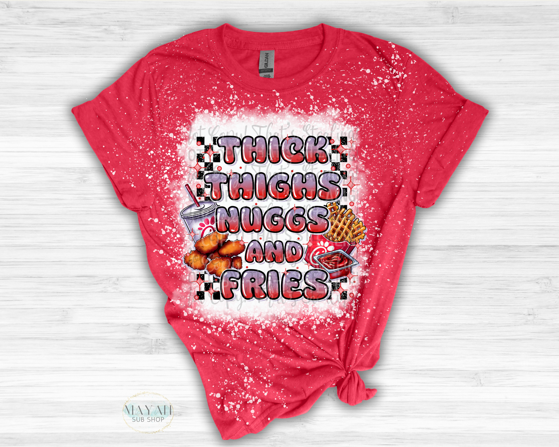 Thick thighs nuggs and fries in heather red bleached shirt. -Mayan Sub Shop