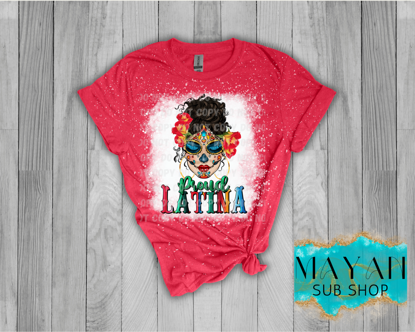 Proud latina in heather red bleached shirt. -Mayan Sub Shop