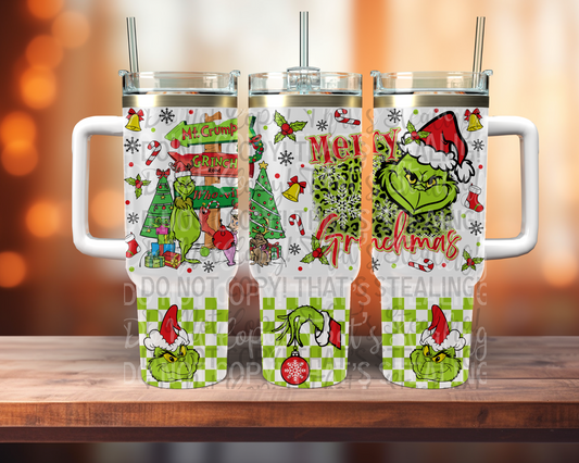 Red and green meany 40 oz. tumbler with handle. -Mayan Sub Shop