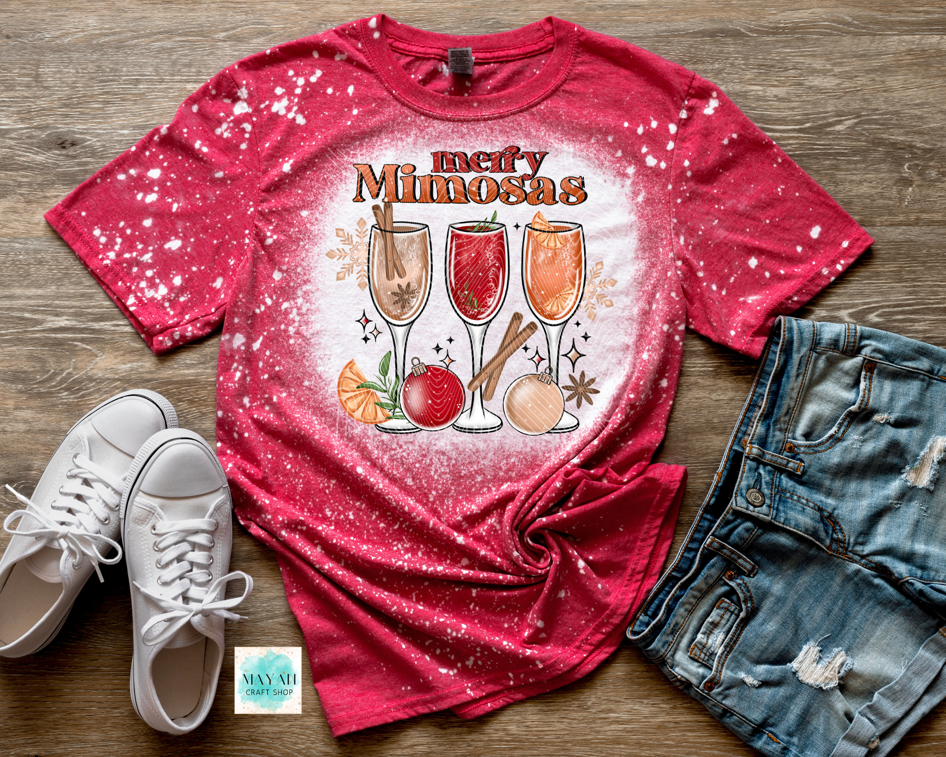 Merry mimosas heather red bleached tee. -Mayan Craft Shop