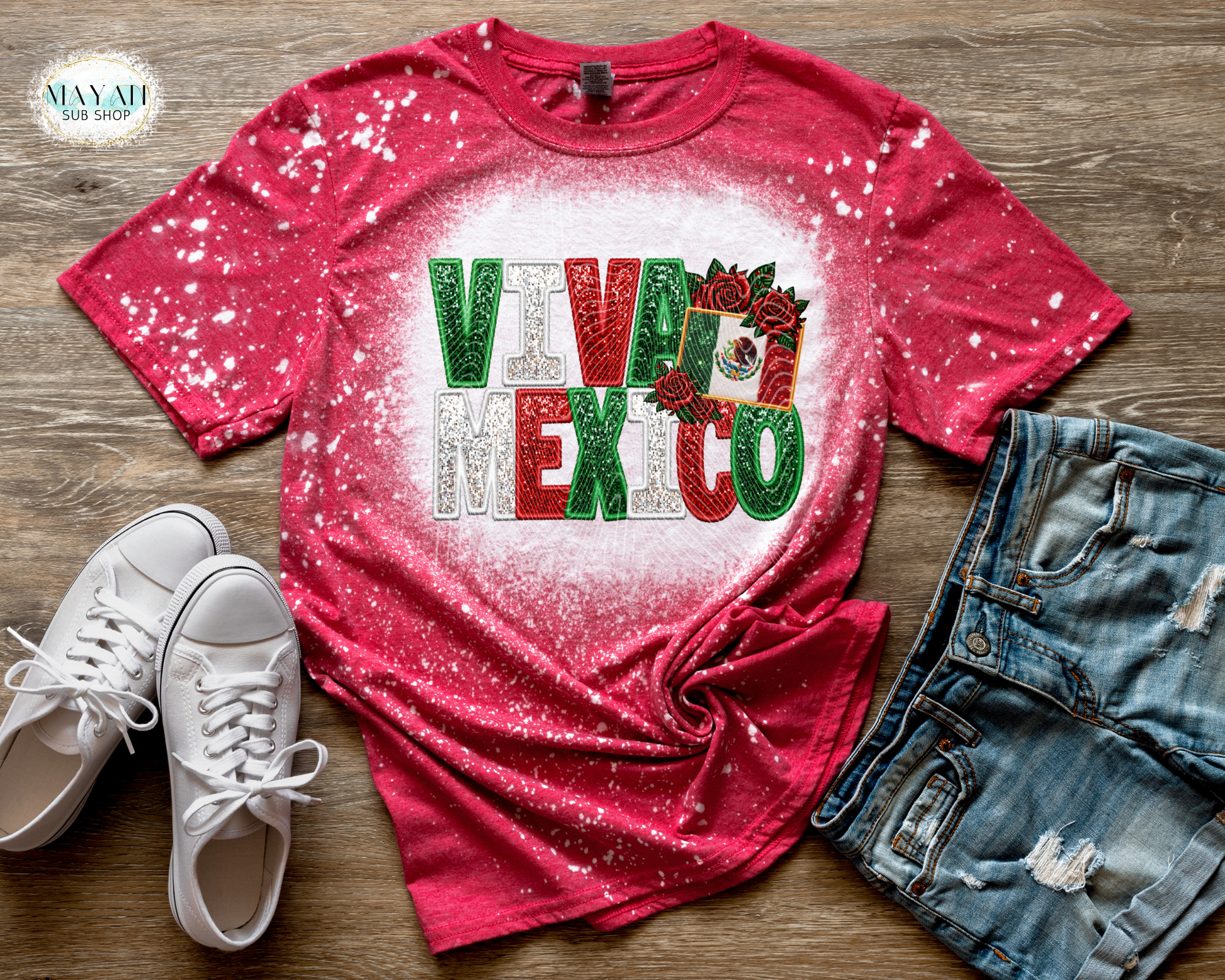 Viva Mexico flag heather red bleached tee. -Mayan Sub Shop