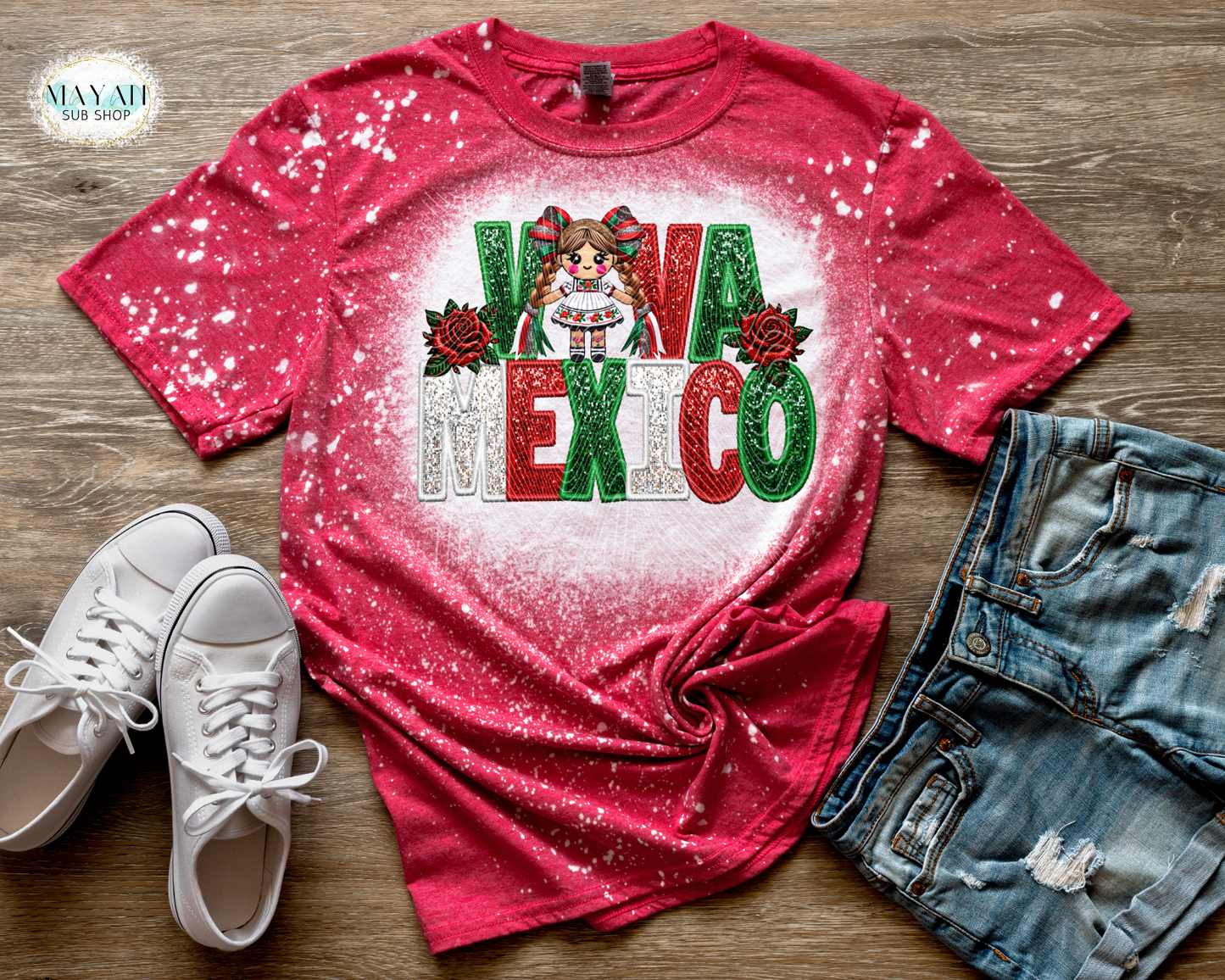 Viva Mexico doll heather red bleached tee. -Mayan Sub Shop