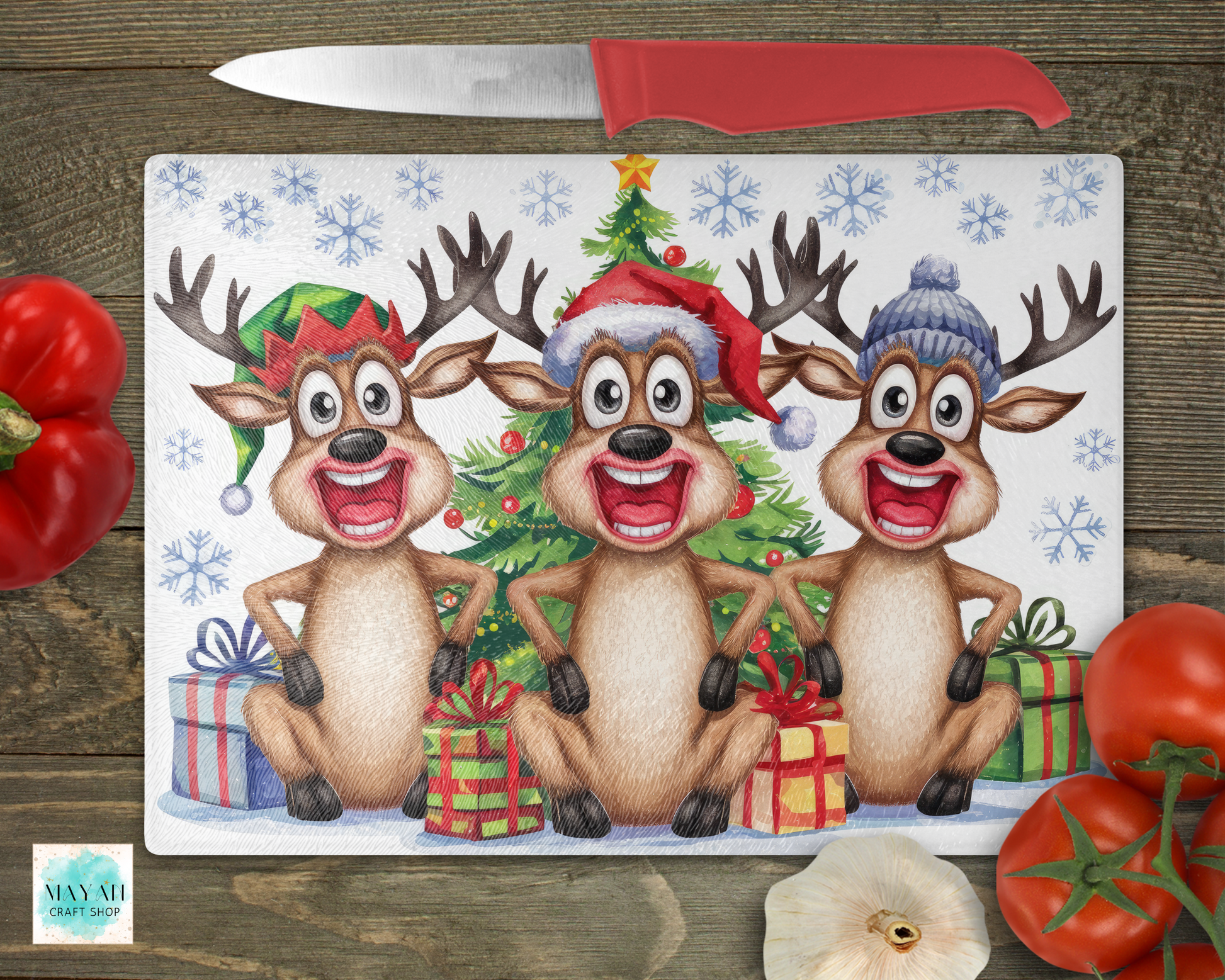 Funny reindeers cutting board. -Mayan Craft Shop