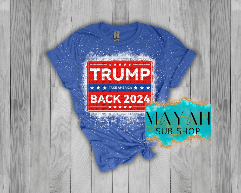 Trump 2024 red in heather royal blue bleached shirt. -Mayan Sub Shop