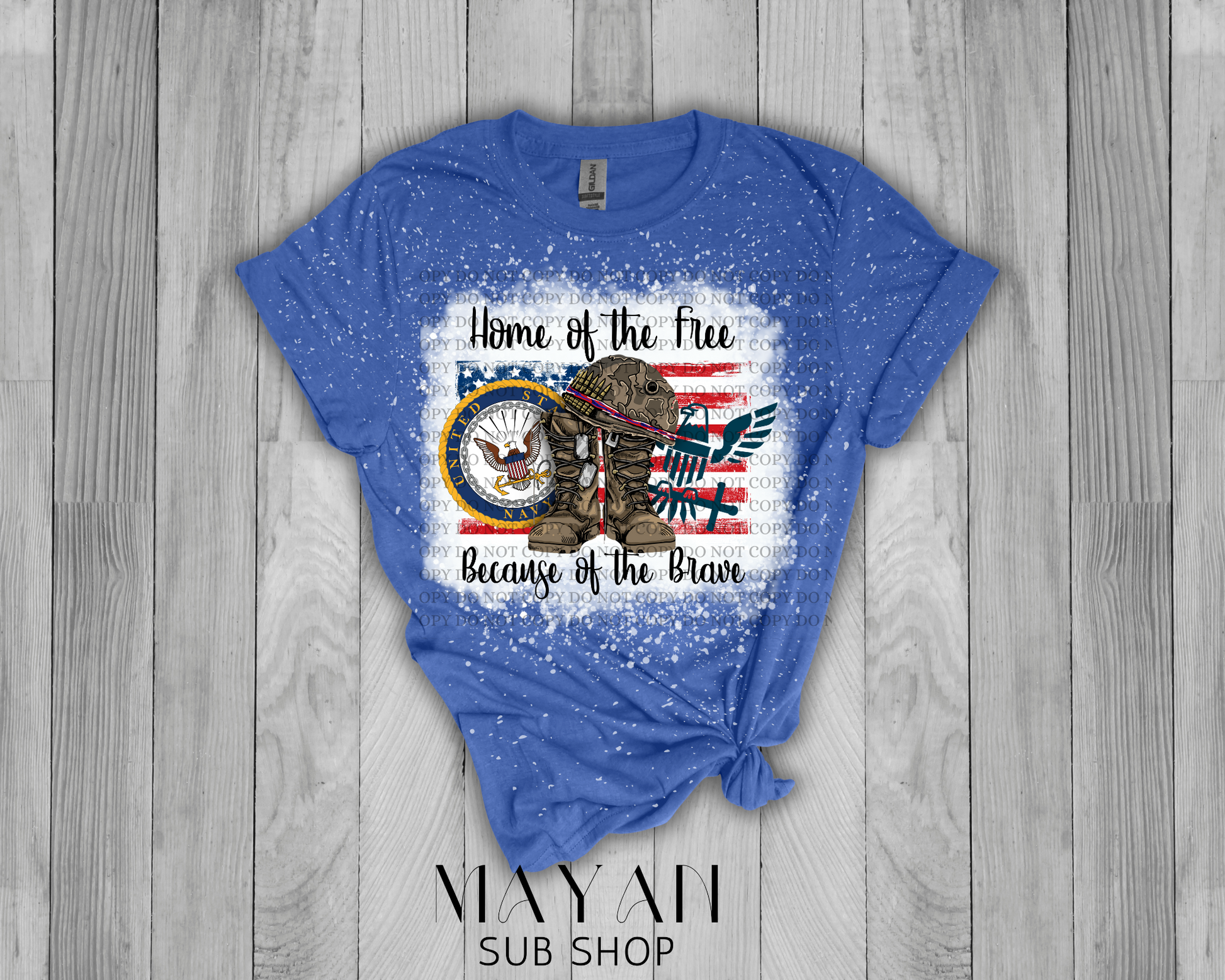 Home of the free navy in heather royal blue bleached shirt. - Mayan Sub Shop
