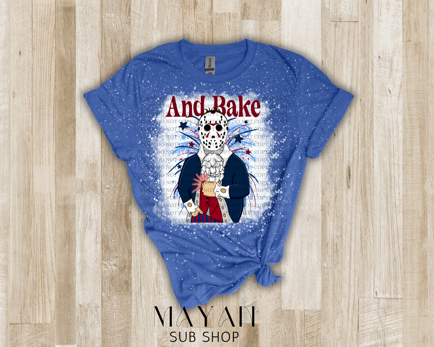 4th of July bake Jason bleached shirt in heather royal blue.