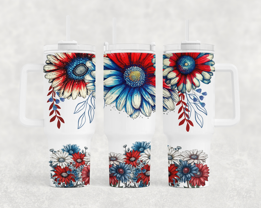 Red white and blue daisy flowers 40 oz. tumbler with handle.
