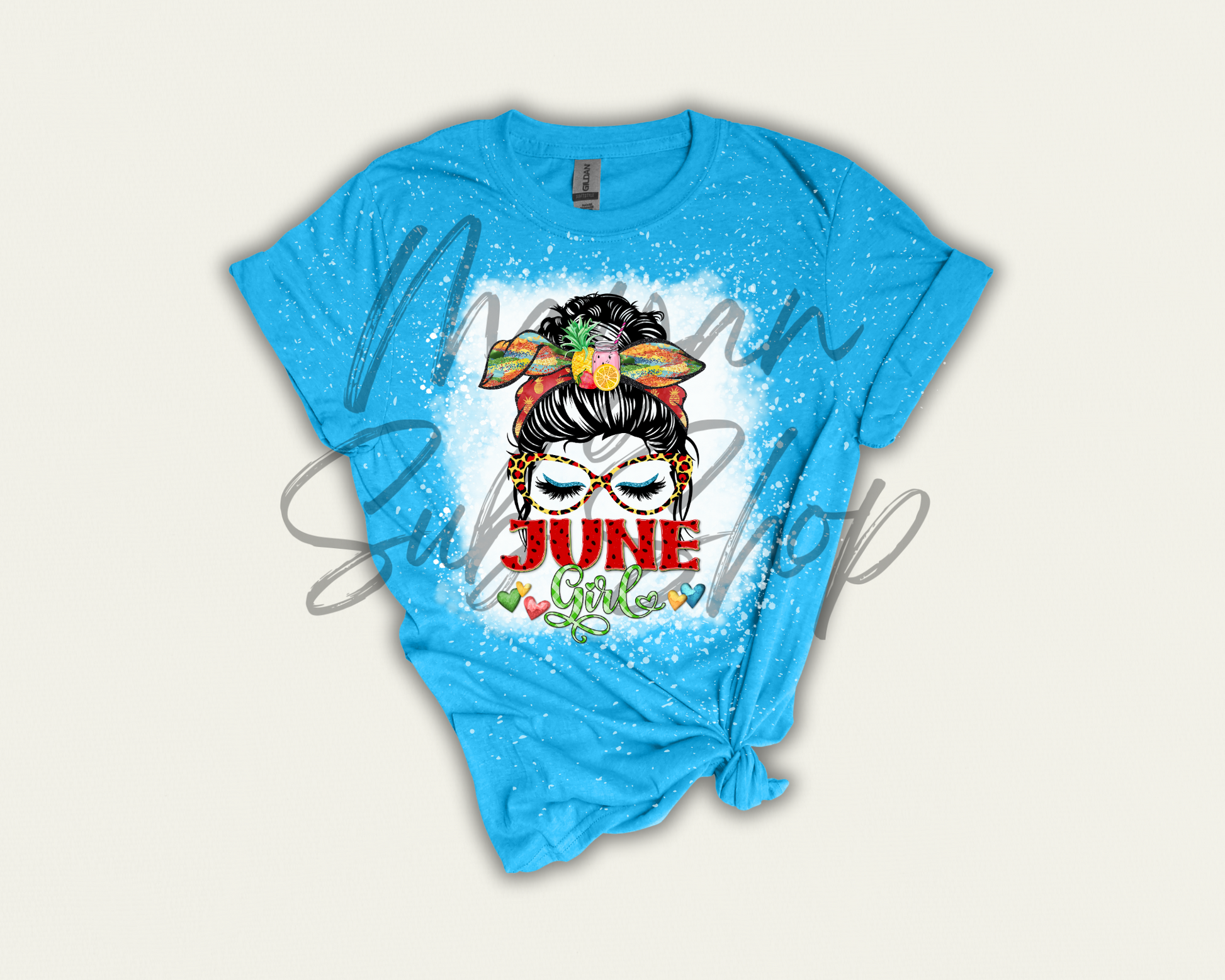 June girl messy bun bleached shirt - Mayan Sub Shop