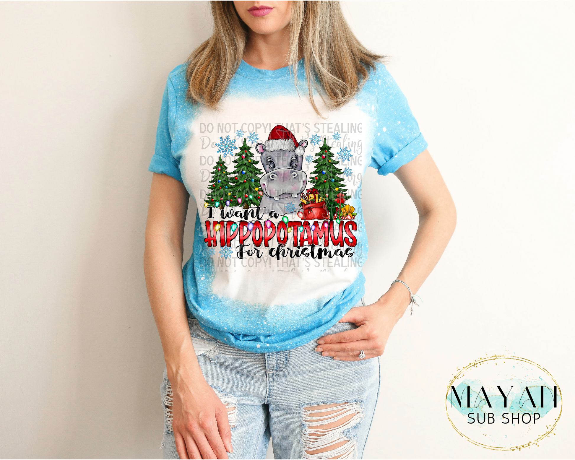 Hippo for Christmas bleached shirt. -Mayan Sub Shop