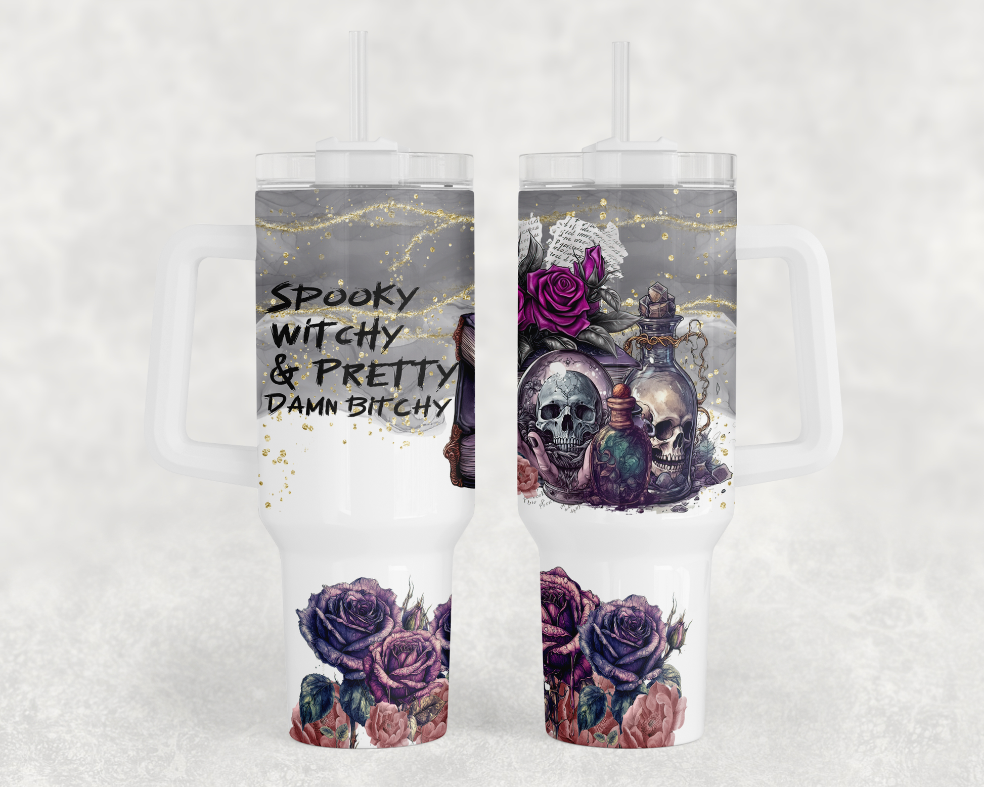 Spooky witchy 40 oz. tumbler with handle. -Mayan Sub Shop