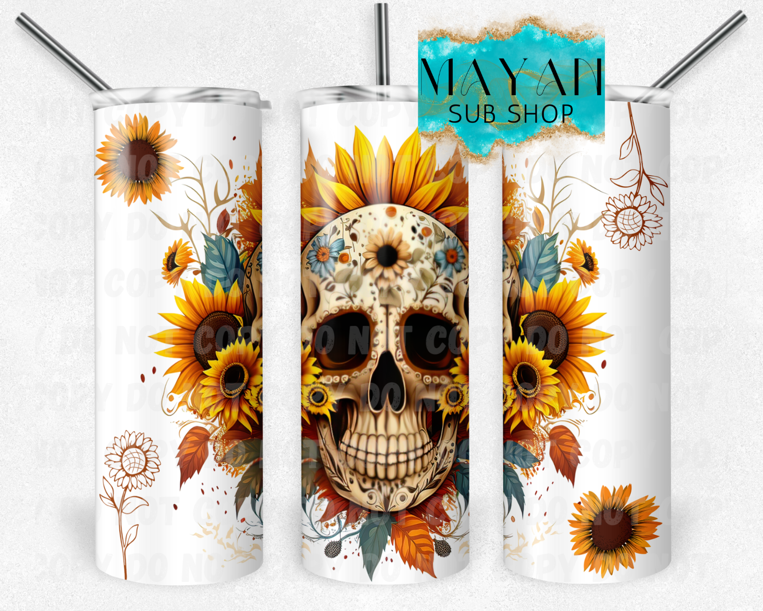 Sunflower sugar skull 20 oz. skinny tumbler. -Mayan Sub Shop