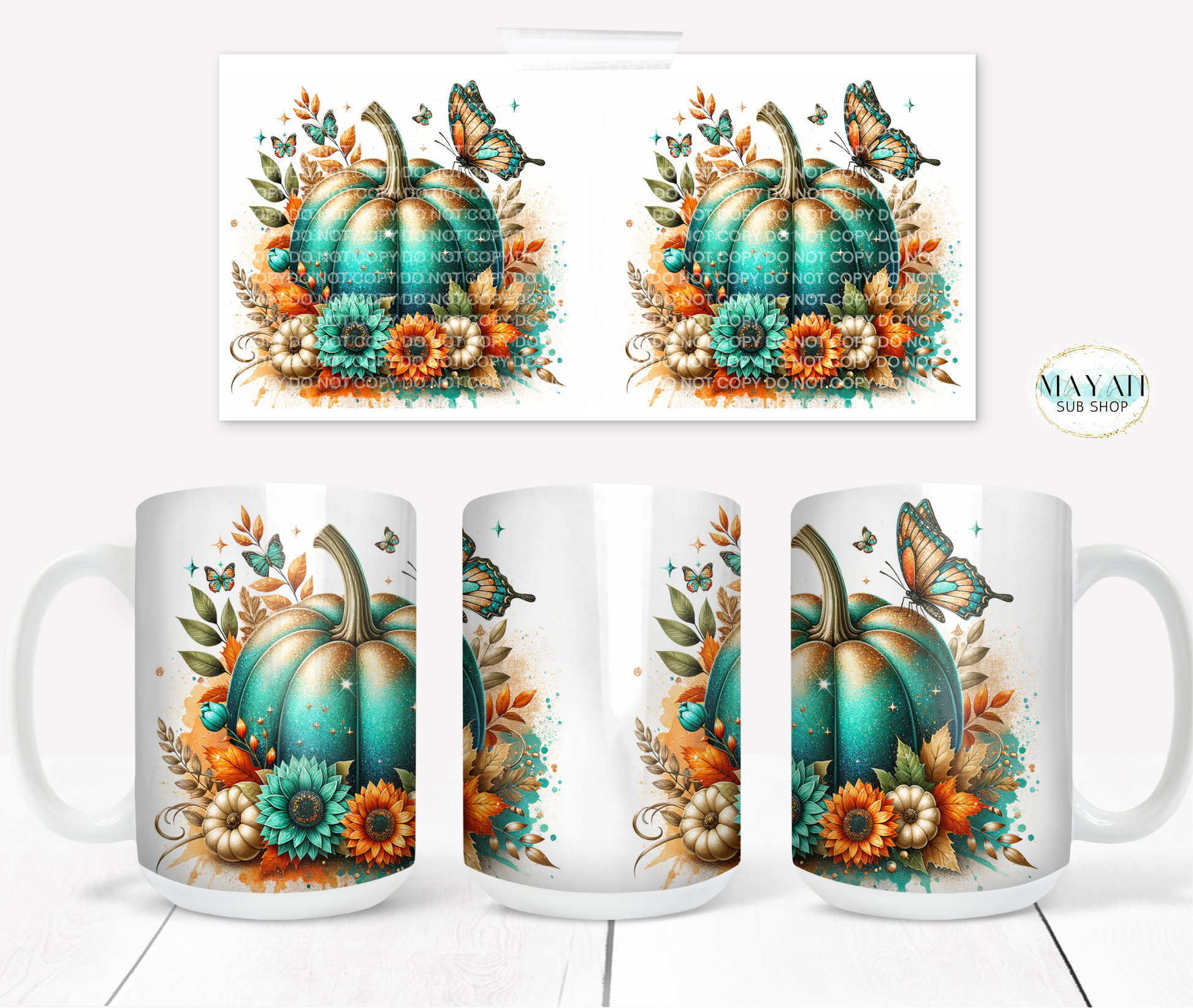 Teal pumpkin coffee mug. -Mayan Sub Shop