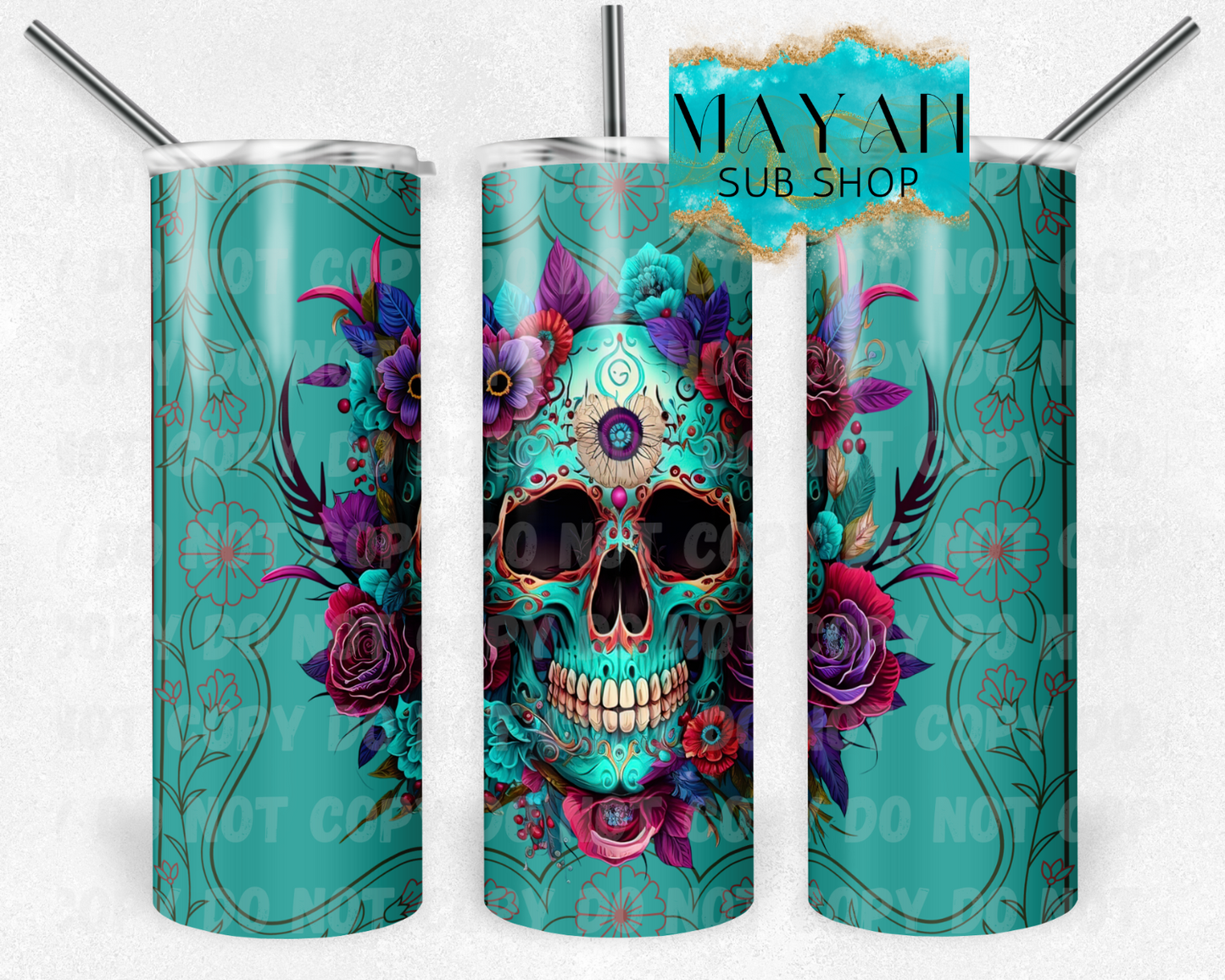 Rustic teal sugar skull 20 oz. skinny tumbler. -Mayan Sub Shop
