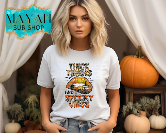 Thick thighs and spooky vibes shirt. -Mayan Sub Shop
