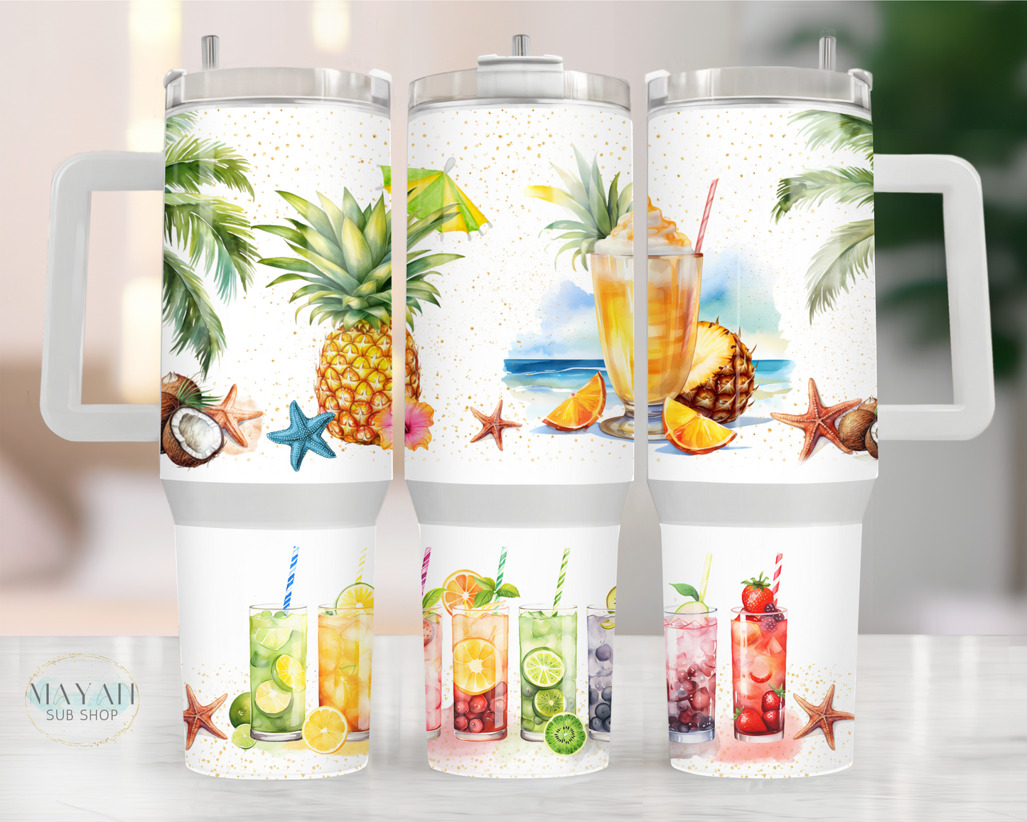 Tropical drinks 40 oz. tumbler with handle. -Mayan Sub Shop