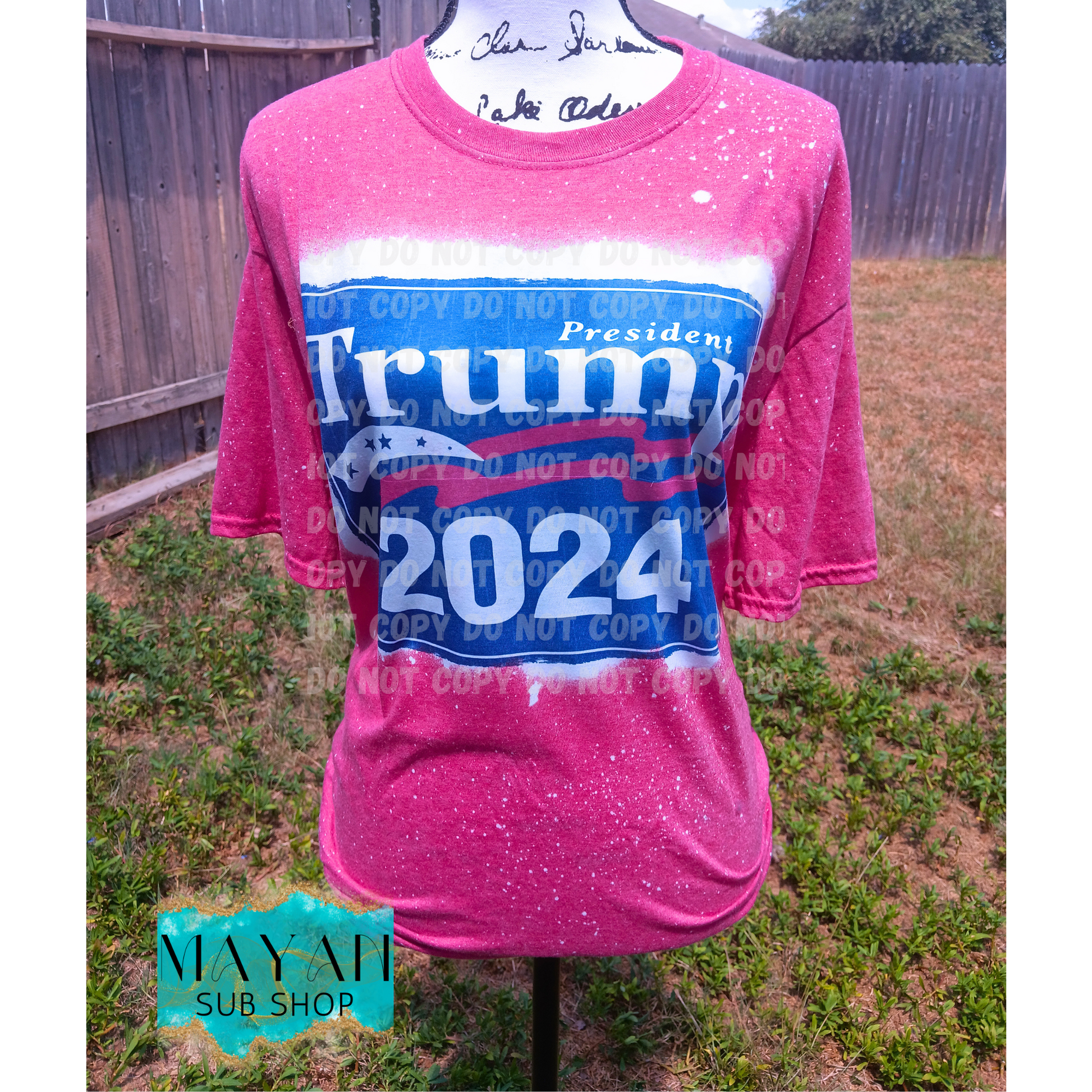 Trump 2024 blue in heather red bleached shirt. -Mayan Sub Shop