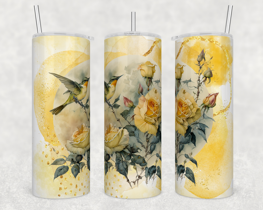 Yellow bird flower 20 oz. skinny tumbler. Design has a yellow background with yellow roses and a yellow bird.