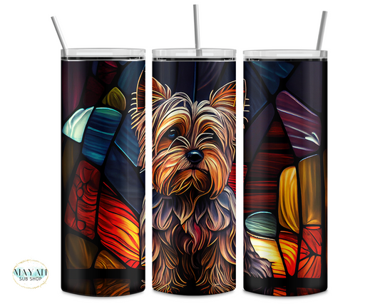 Yorkie-stained glass tumbler. -Mayan Sub Shop